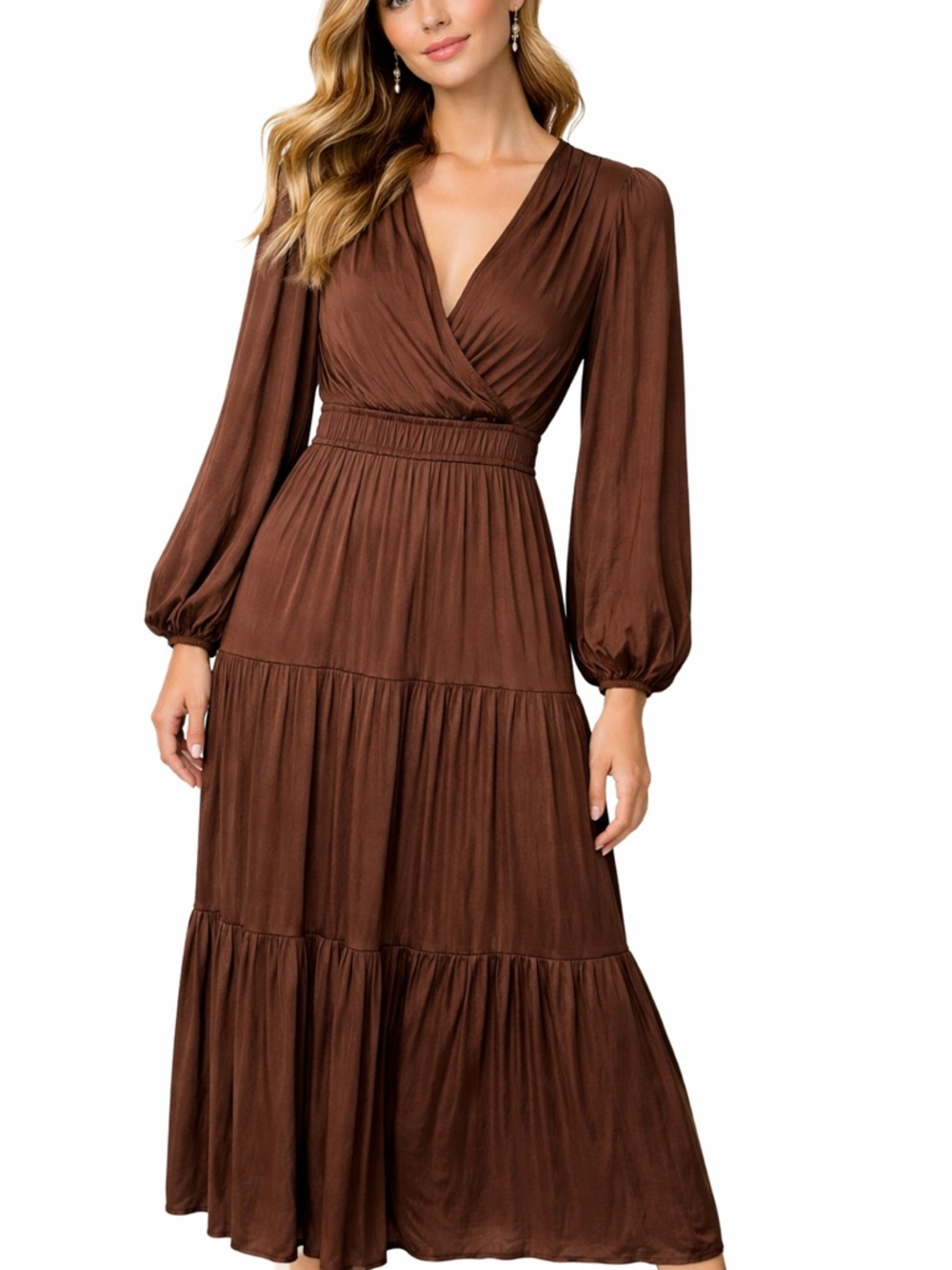 Joie Satiny Brown Balloon Sleeve Peasant Style Midi Length Tassel Tie Dress